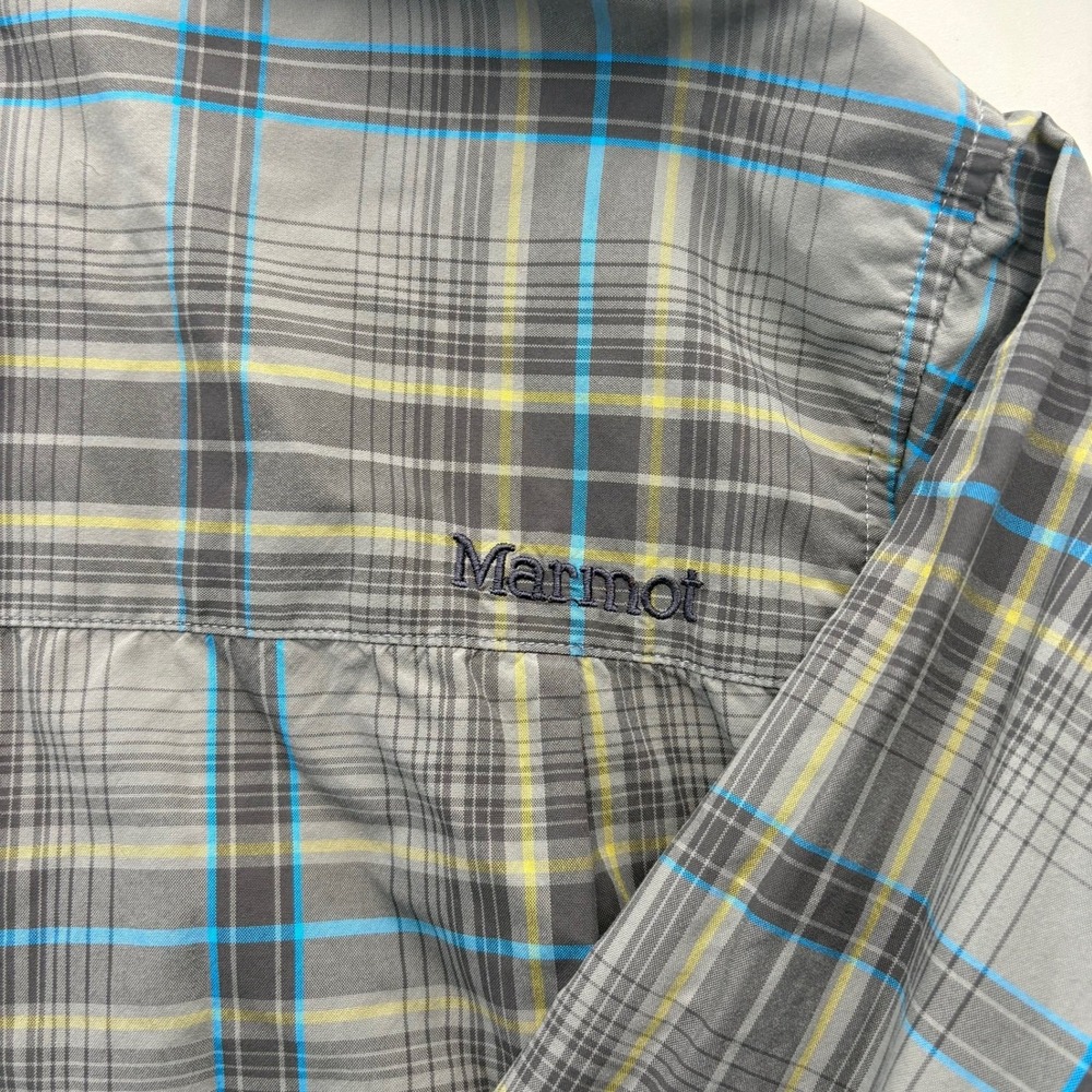 Marmot Men's XXL Plaid Long Sleeve Button Up Shirt Gray Blue‎ Yellow Outdoor - Picture 8 of 9